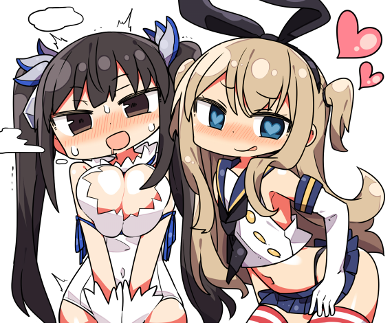 /\/\/\ 2girls :d armpits bangs bare_shoulders black_bow black_eyes black_hair black_neckwear blue_eyes blue_sailor_collar blue_skirt blush bow breast_squeeze breasts closed_mouth cosplay crop_top crossover drooling dungeon_ni_deai_wo_motomeru_no_wa_machigatteiru_darou_ka elbow_gloves eyebrows_visible_through_hair gloves hair_bow hairband head_tilt heart heart-shaped_pupils hestia_(danmachi) hestia_(danmachi)_(cosplay) kanikama kantai_collection large_breasts long_hair looking_at_viewer multiple_girls navel neckerchief nose_blush open_mouth original pleated_skirt red_legwear rei_no_himo sailor_collar school_uniform serafuku shimakaze_(kantai_collection) shimakaze_(kantai_collection)_(cosplay) skirt smile striped striped_legwear sweatdrop symbol-shaped_pupils thigh-highs twintails two_side_up v_arms white_gloves