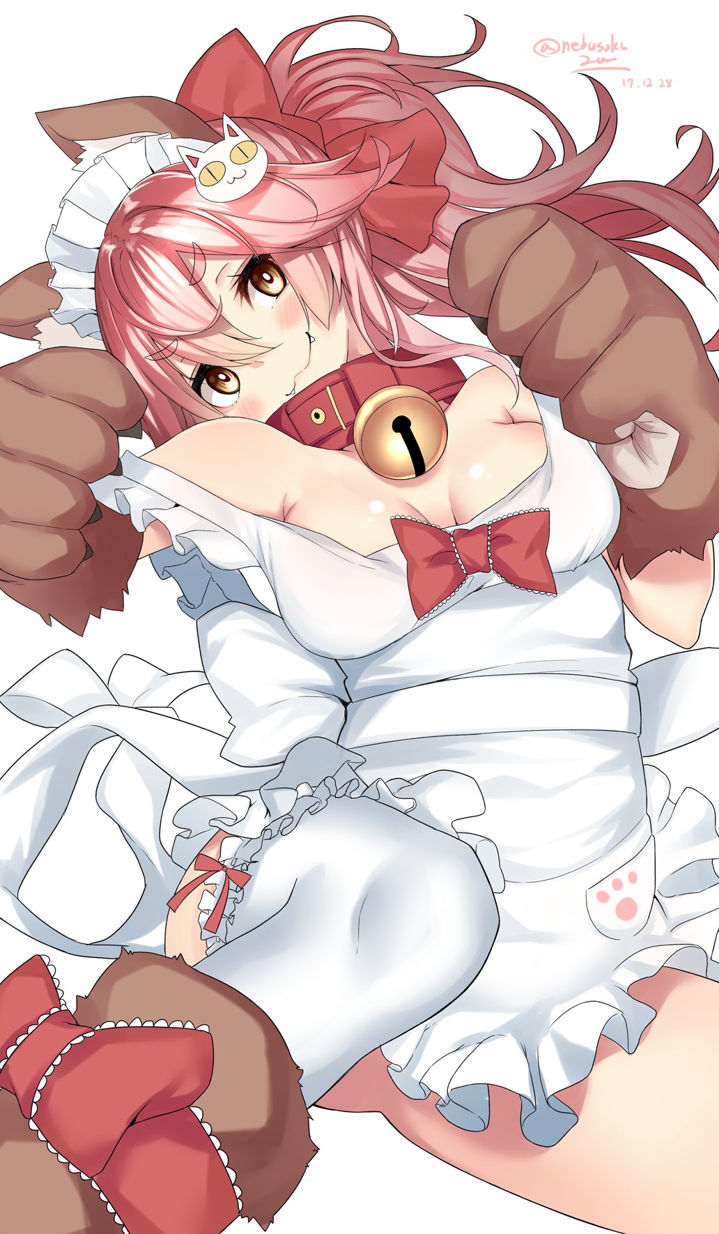 1girl :3 animal_ears apron apron_pull bare_shoulders bell bell_collar blush bow breasts cat_hair_ornament cat_paws cleavage collar eyebrows fang fate/grand_order fate_(series) fox_ears fox_tail frills gloves hair_between_eyes hair_bow hair_ornament highres large_breasts long_hair maid_headdress naked_apron nebusoku paw_gloves paw_shoes paws pink_hair ponytail red_bow sash shoes sidelocks signature simple_background smile solo tail tamamo_(fate)_(all) tamamo_cat_(fate) tamamo_no_mae_(fate) thigh-highs thighs white_background white_legwear yellow_eyes