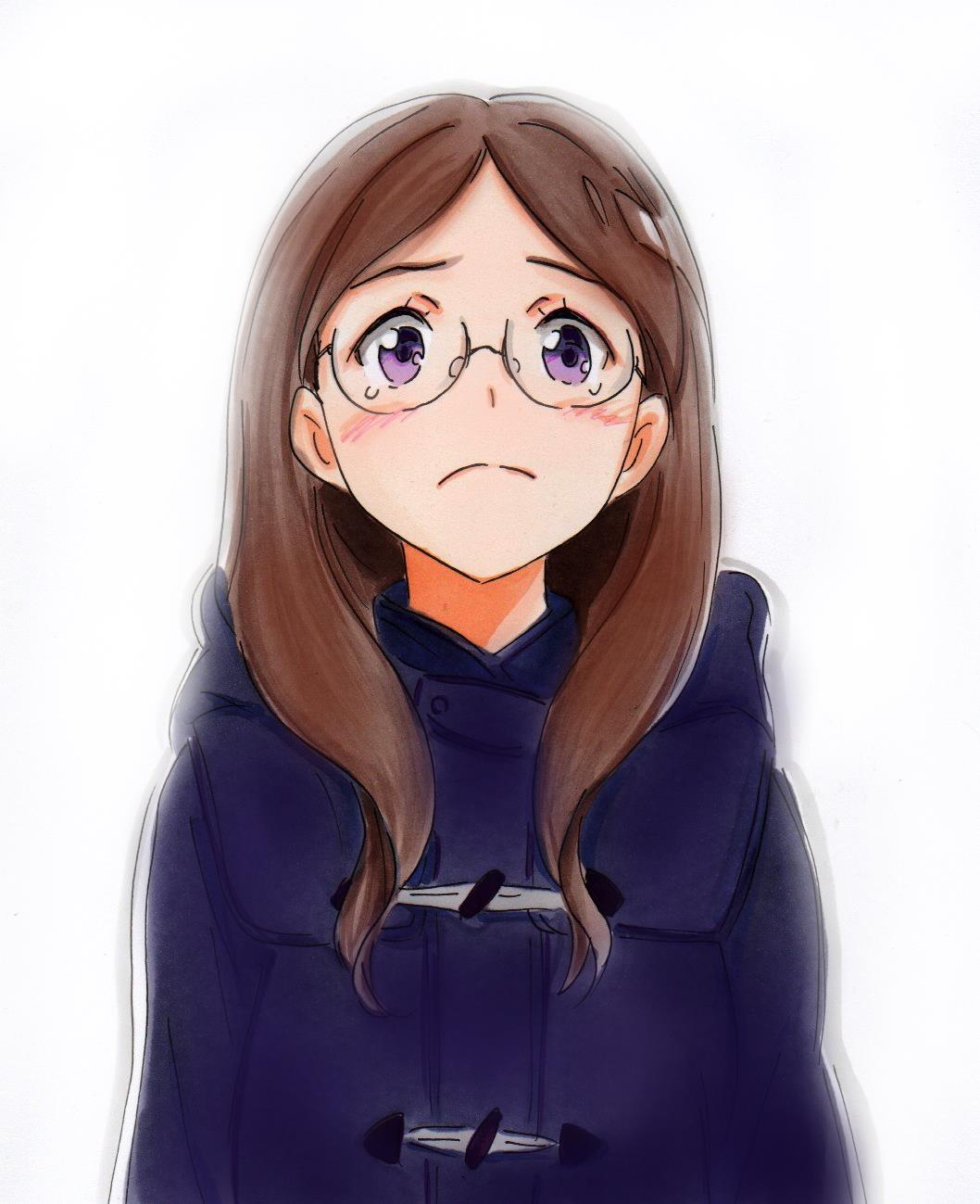 1girl blue_coat blush brown_hair commentary_request derivative_work frown glasses hair_down highres long_hair marker_(medium) millipen_(medium) potekite screencap_redraw solo sora_yori_mo_tooi_basho takahashi_megumi tears traditional_media upper_body violet_eyes white_background