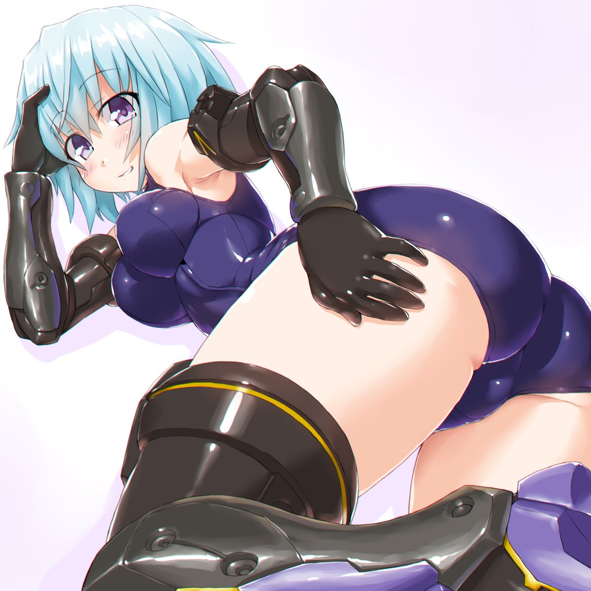 1girl armpits ass blue_hair blush breasts dd_(ijigendd) dutch_angle eyebrows_visible_through_hair frame_arms_girl hand_on_thigh highres hresvelgr impossible_clothes lying mecha_musume mechanical_arms mechanical_legs medium_breasts on_side short_hair solo thighs violet_eyes white_background