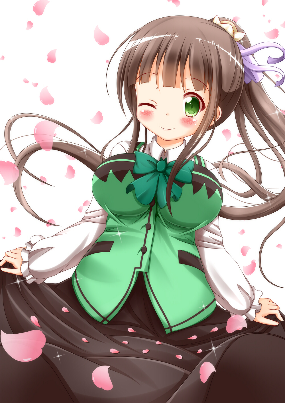 1girl alternate_costume black_skirt breasts brown_hair closed_mouth collared_shirt commentary_request cowboy_shot gochuumon_wa_usagi_desu_ka? green_eyes green_vest highres large_breasts long_skirt long_sleeves looking_at_viewer one_eye_closed petals ponytail rabbit_house_uniform shirt skirt smile solo ujimatsu_chiya vest white_shirt wing_collar zenon_(for_achieve)