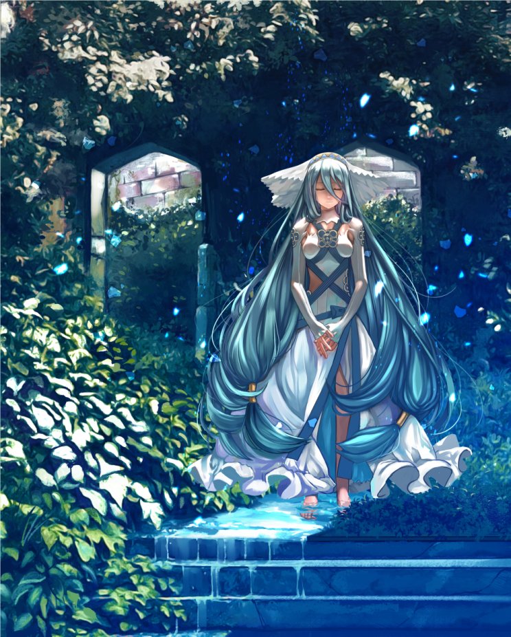 1girl aqua_(fire_emblem_if) blue_hair closed_eyes dress fire_emblem fire_emblem_if headdress kero_sweet long_hair looking_at_viewer plant solo vines white_dress