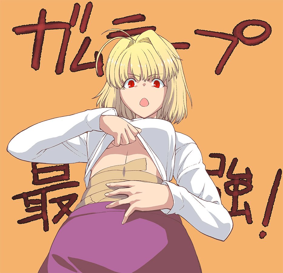 1girl arcueid_brunestud blonde_hair red_eyes sasakishonen short_hair simple_background sweater tsukihime type-moon