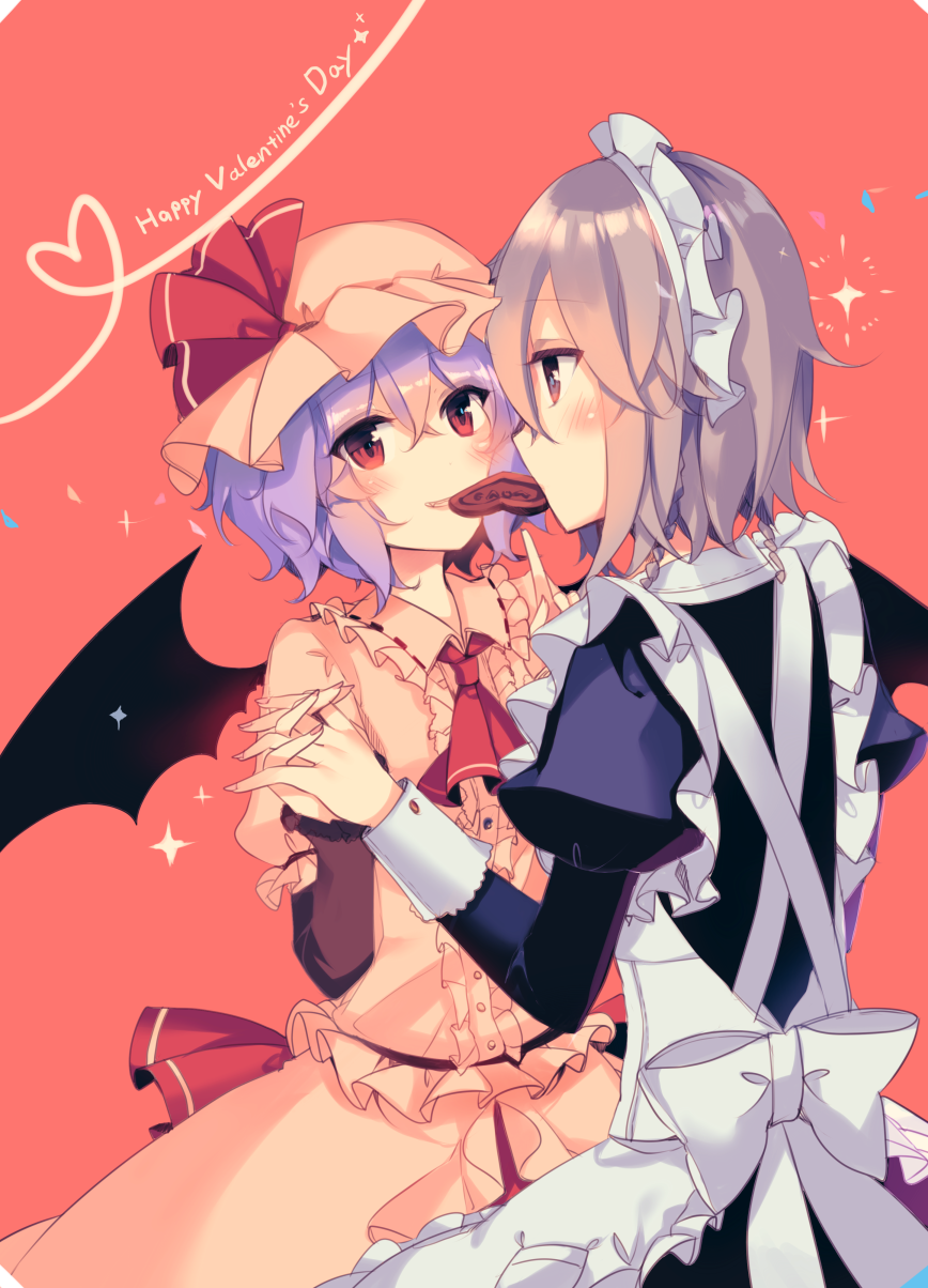 2girls apron blue_eyes blue_hair blush chocolate chocolate_heart commentary_request eye_contact food_in_mouth frilled_apron frills hands_together happy_valentine hat hat_ribbon heart heart_of_string highres izayoi_sakuya juliet_sleeves kirero long_sleeves looking_at_another maid_apron maid_headdress mob_cap multiple_girls puffy_sleeves red_background red_eyes red_ribbon remilia_scarlet ribbon short_hair silver_hair simple_background sparkle touhou valentine yuri