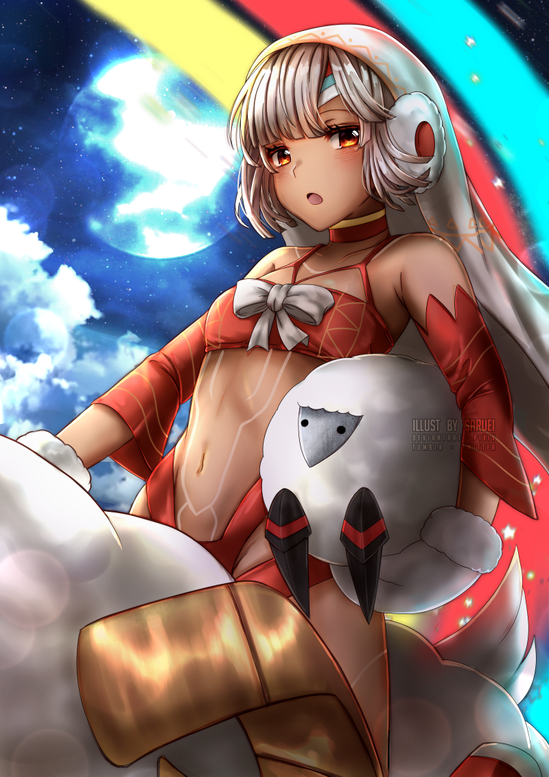 1girl :o altera_(fate) altera_the_santa animal artist_name bandeau bangs bare_shoulders blush bow breasts brown_hair carrying_under_arm choker clouds commentary_request dark_skin detached_sleeves earmuffs fate/grand_order fate_(series) fur-trimmed_mittens fur_trim long_sleeves looking_at_viewer mittens navel night night_sky open_mouth red_bandeau red_choker red_eyes revealing_clothes riding saruei sheep short_hair sky small_breasts solo star_(sky) starry_sky stuffed_animal stuffed_sheep stuffed_toy veil white_bow white_mittens