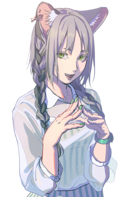 1girl :d bangs collared_shirt dress ear_piercing fingers_together green_eyes hands_up looking_at_viewer open_mouth original own_hands_together piercing see-through shirt short_sleeves silver_hair simple_background smile solo tunapon01 upper_body white_background white_shirt wing_collar