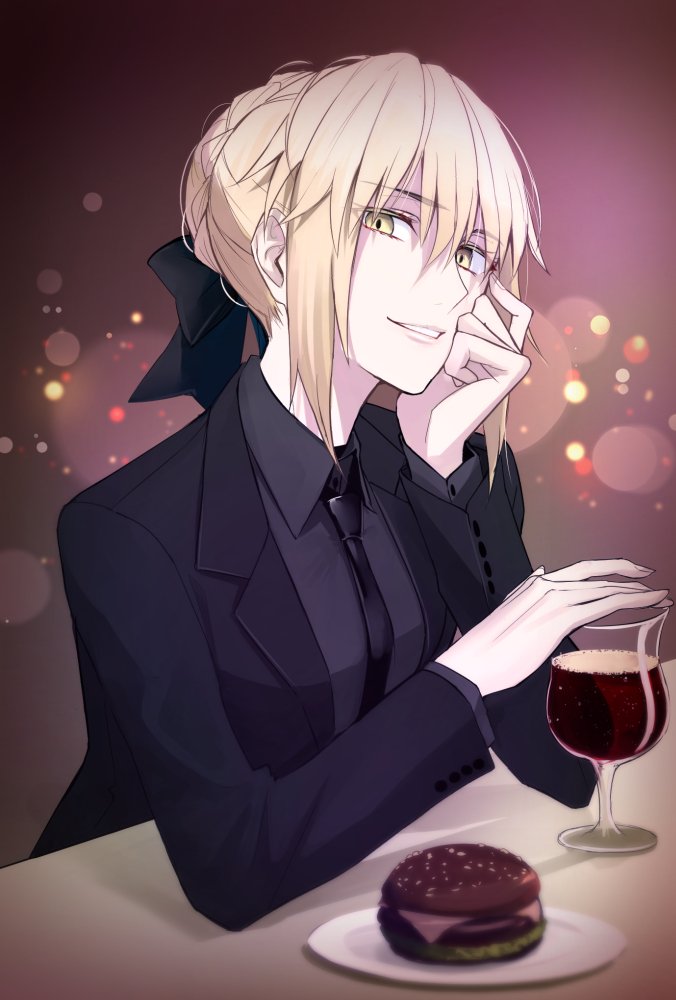 1girl alternate_costume artoria_pendragon_(all) black_bow blonde_hair bow braid business_suit fate/grand_order fate_(series) formal french_braid hair_between_eyes hair_bow long_sleeves looking_at_viewer necktie saber_alter shijiu_(adamhutt) smile suit yellow_eyes
