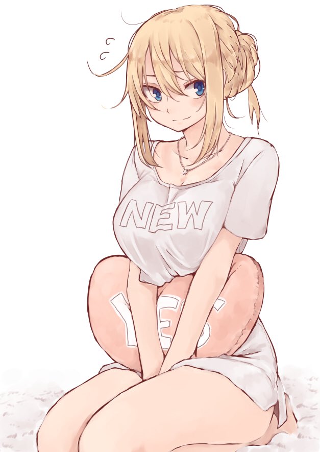 1girl bare_legs barefoot blonde_hair blue_eyes blush breasts cleavage closed_mouth clothes_writing commentary_request flying_sweatdrops grey_shirt hair_between_eyes hair_bun jewelry large_breasts looking_at_viewer necklace original rucchiifu seiza shirt short_sleeves simple_background sipping sitting smile solo white_background yes-no_pillow