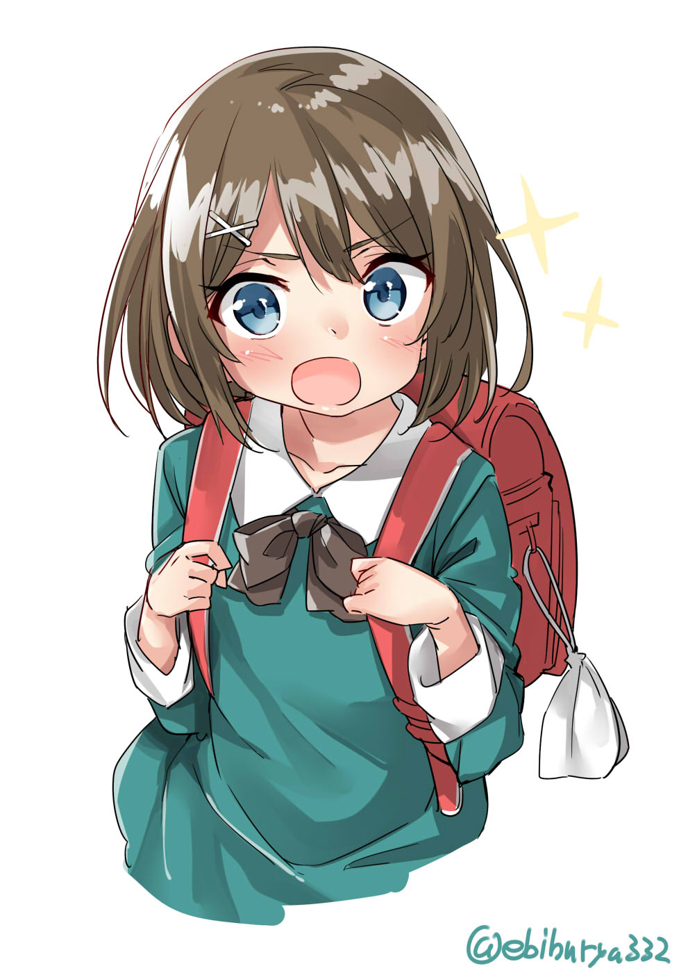 1girl blue_eyes brown_hair ebifurya hair_ornament highres kantai_collection maya_(kantai_collection) open_mouth short_hair solo x_hair_ornament