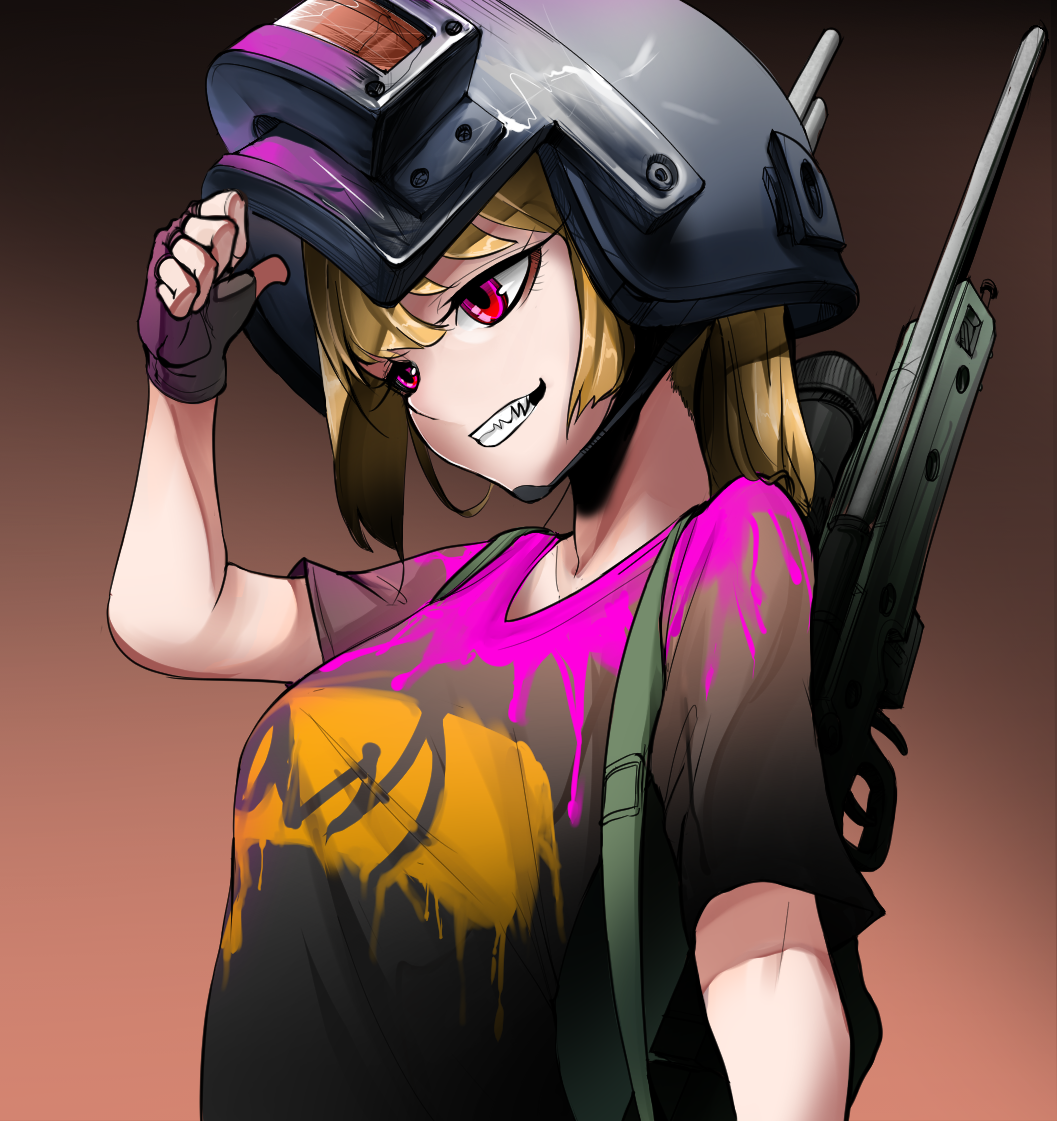 1girl blonde_hair fingerless_gloves gloves gradient gradient_background grin gun hand_on_headwear hand_up helmet makemake original playerunknown's_battlegrounds red_eyes rifle sharp_teeth shirt short_sleeves smile sniper_rifle solo t-shirt teeth upper_body weapon weapon_on_back welding_mask