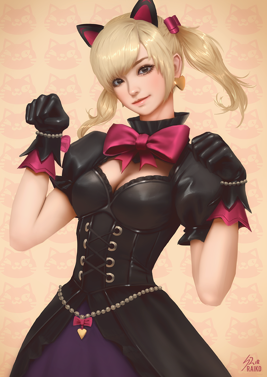 1girl alternate_costume alternate_hair_color alternate_hairstyle animal_ears black_cat_d.va black_gloves blonde_hair bow breasts cat_ears cleavage d.va_(overwatch) dress earrings fake_animal_ears gloves gothic_lolita heart heart_earrings highres jewelry lolita_fashion looking_at_viewer overwatch paw_pose raikoart solo twintails upper_body