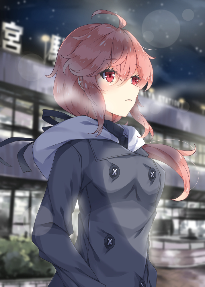 1girl ahoge bangs black_sweater blurry blurry_background blush breasts closed_mouth commentary_request depth_of_field eyebrows_visible_through_hair grey_coat hair_between_eyes hood hood_down hooded_coat large_breasts long_sleeves looking_away milkpanda night night_sky original outdoors pink_hair red_eyes sky solo star_(sky) starry_sky sweater