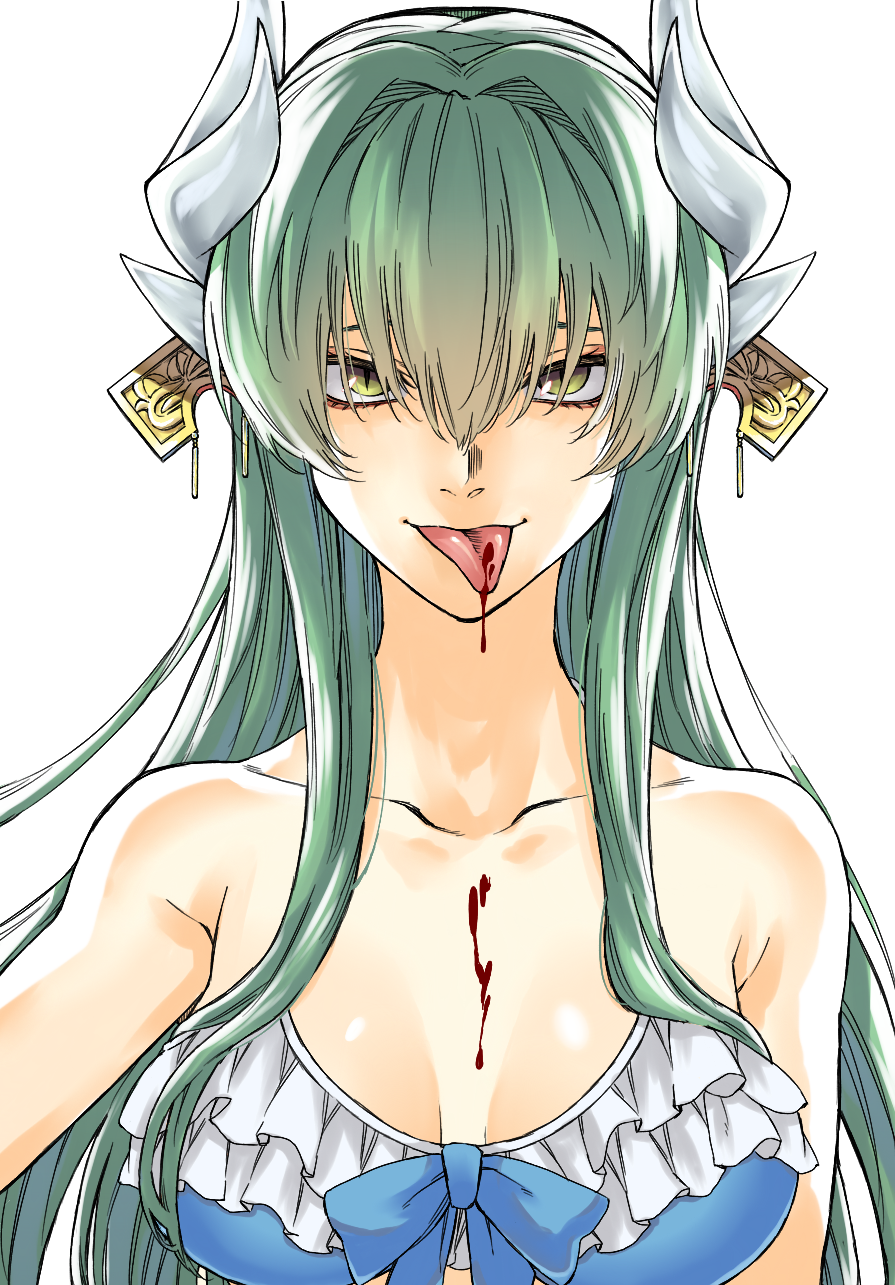 1girl arm_at_side bangs bare_arms bare_shoulders blood blood_on_chest blue_bikini_top blue_bow blue_neckwear bow bowtie breasts dragon_horns eyelashes fate/grand_order fate_(series) frilled_bikini_top green_eyes green_hair hair_between_eyes hand_up highres horns kiyohime_(fate/grand_order) kiyohime_(swimsuit_lancer)_(fate) kofunami_nana large_breasts long_hair looking_at_viewer multiple_horns slit_pupils solo tongue tongue_out upper_body