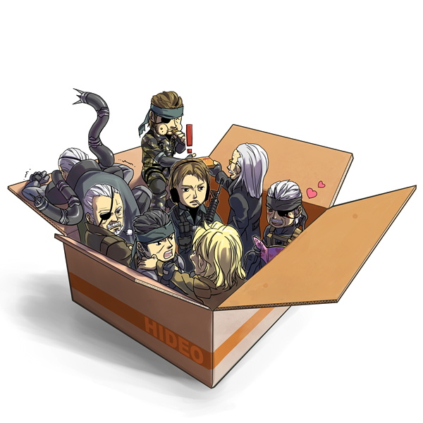 beard big_boss blonde_hair blush box brown_hair camouflage cardboard_box cigarette coat dual_persona eyepatch facial_hair glasses grey_hair gun heart hinoe in_box in_container iroquois_pliskin liquid_ocelot liquid_snake magazine male metal_gear_solid military military_uniform multiple_persona mustache naked_snake old_snake revolver_ocelot smile solid_snake solidus_snake triple_persona uniform weapon