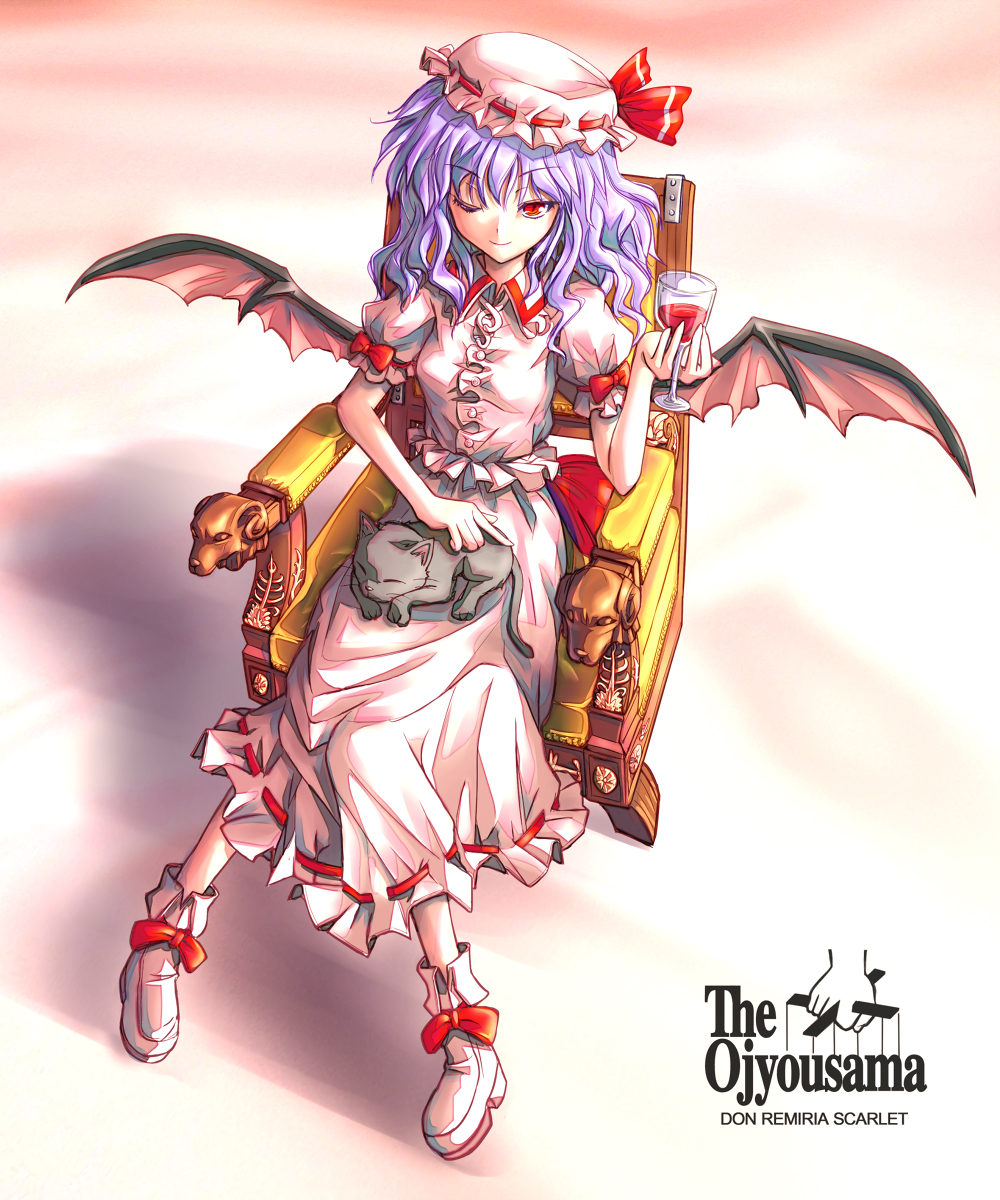 cat chair cup cupping_glass from_above hat highres parody red_eyes remilia_scarlet shirosa sitting the_godfather throne touhou what_is_a_man? wine_glass wings wink
