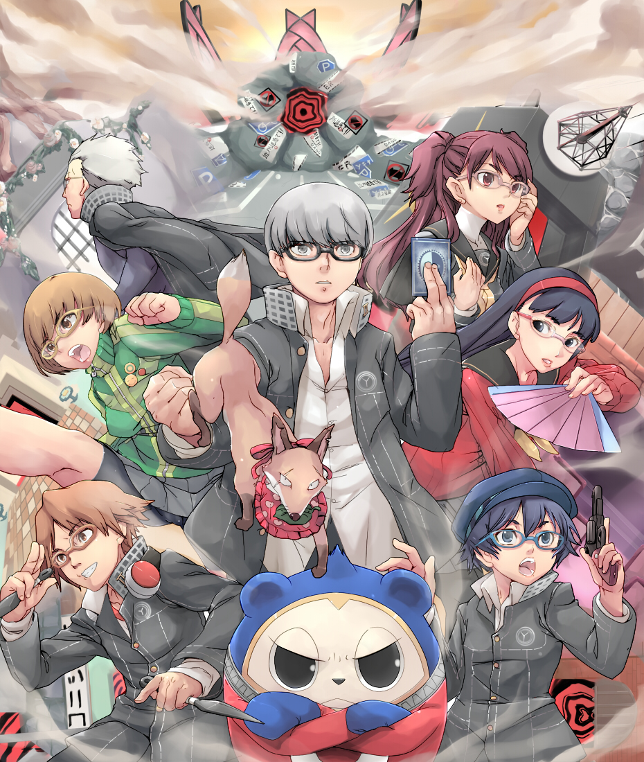 amagi_yukiko bib bike_shorts black_eyes black_hair blue-framed_glasses blue_eyes blue_hair brown_eyes brown_hair cabbie_hat card fan fox glasses grey_eyes grey_hair gun hairband hanamura_yousuke handgun hat headphones headphones_around_neck holding holding_card izanami jacket kujikawa_rise kuma_(persona_4) kunai long_hair narukami_yuu persona persona_4 pink-framed_glasses pins red_hair redhead revolver satonaka_chie scar school_uniform serafuku seta_souji shirogane_naoto short_hair skirt tatsumi_kanji track_jacket twintails weapon yellow-framed_glasses