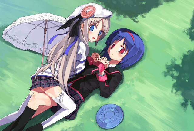 :d :o bad_id beret blue_eyes blue_hair blush embarrassed grass hair_ribbon hairband hat kneehighs little_busters! little_busters!! long_hair looking_back lying multiple_girls nishizono_mio noumi_kudryavka on_back on_ground open_mouth outdoors pleated_skirt red_eyes ribbon school_uniform short_hair shuzoku_fumei silver_hair skirt smile straddle thighhighs umbrella very_long_hair white_legwear yuri zettai_ryouiki