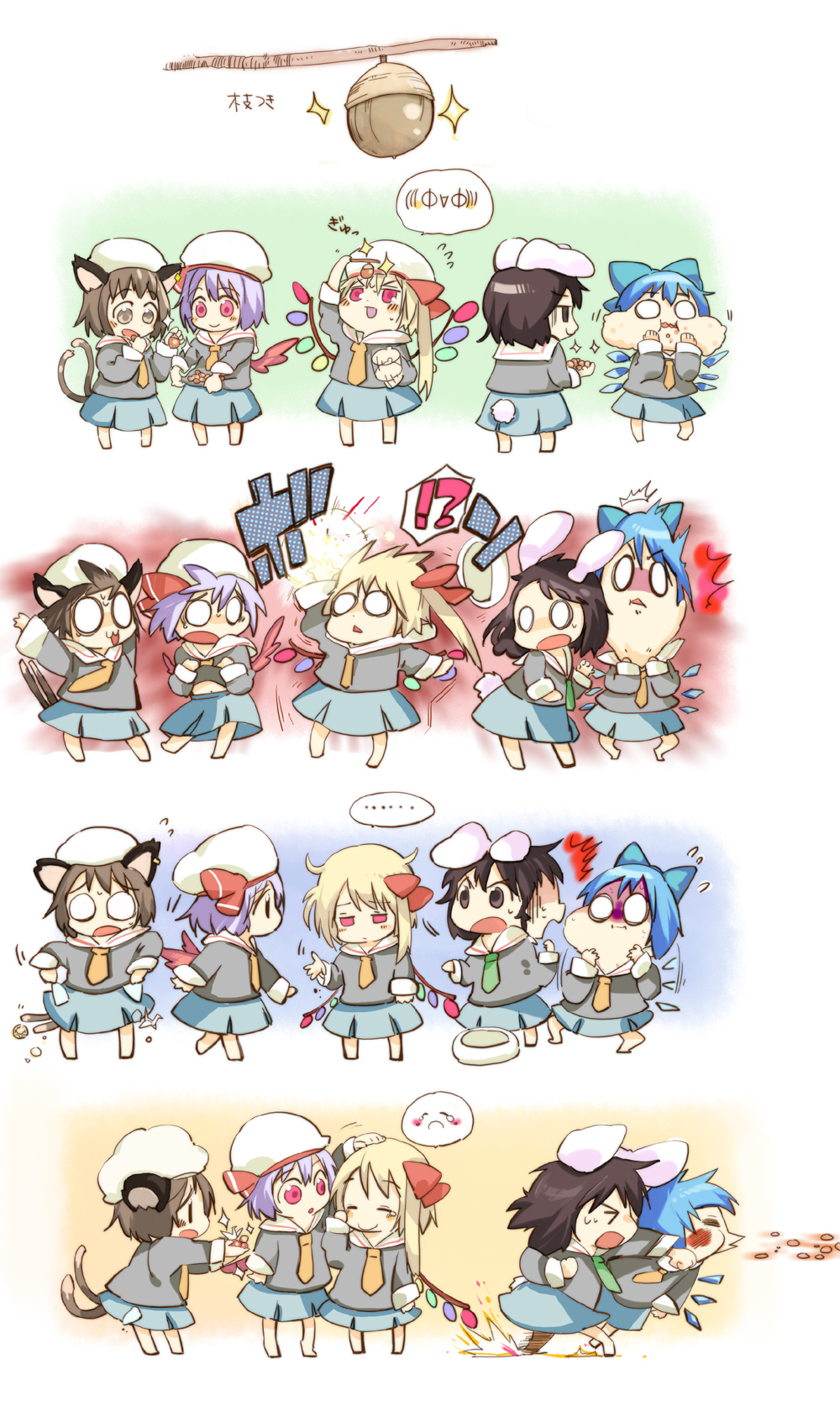 animal_ears asaki asphyxiation bat_wings black_hair blonde_hair blue_hair brown_hair bunny_ears cat_ears cat_tail chen child choke choking cirno explosion flandre_scarlet hat hat_removed headwear_removed highres inaba_tewi kindergarten o_o petting punching rabbit_ears red_eyes remilia_scarlet school_uniform short_hair surprised tail touhou wings young