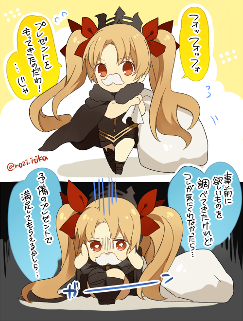 1girl 2f_sq 2koma bangs black_cape black_dress black_legwear blonde_hair bow cape comic dress ereshkigal_(fate/grand_order) fake_mustache fate/grand_order fate_(series) flying_sweatdrops fur-trimmed_cape fur_trim hair_bow hands_on_own_face holding holding_sack kneehighs long_hair parted_bangs red_bow red_eyes sack single_kneehigh single_thighhigh sitting sleeveless sleeveless_dress standing thigh-highs translation_request twitter_username two_side_up v-shaped_eyebrows very_long_hair