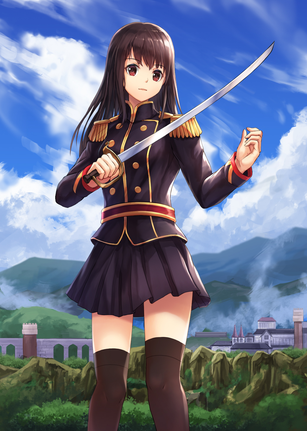 1girl aqueduct bangs black_hair black_legwear brown_eyes cityscape cowboy_shot epaulettes from_below highres holding holding_weapon long_hair long_sleeves looking_at_viewer lunacle military military_uniform mountain original outdoors pleated_skirt skirt sword thigh-highs uniform weapon zettai_ryouiki