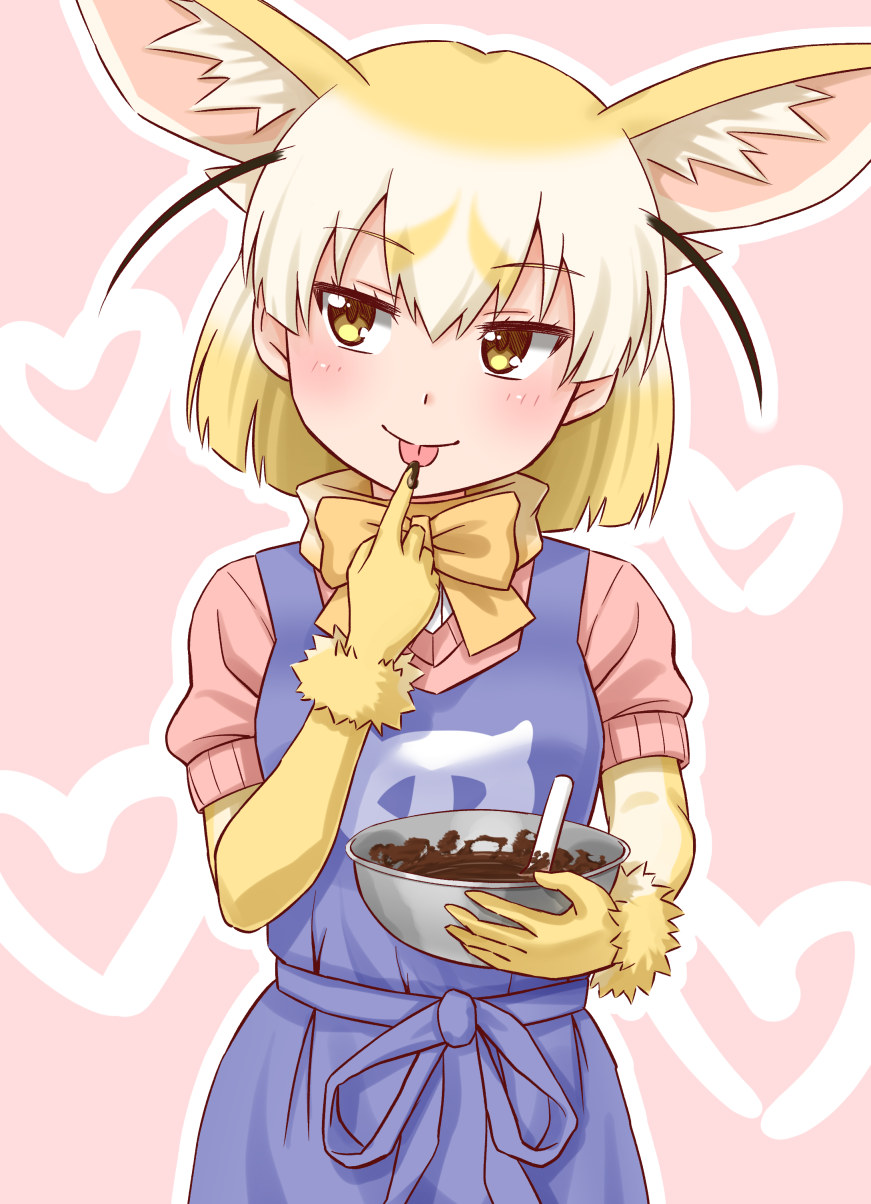 1girl :p animal_ears apron blonde_hair bow bowl bowtie chocolate commentary_request elbow_gloves extra_ears eyebrows_visible_through_hair fennec_(kemono_friends) fox_ears gloves heart heart_background highres japari_symbol_print kemono_friends looking_away multicolored_hair outline pink_background puffy_short_sleeves puffy_sleeves sash short_sleeves simple_background solo takatsuki_nao tongue tongue_out two-tone_hair valentine white_hair white_outline yellow_eyes yellow_neckwear