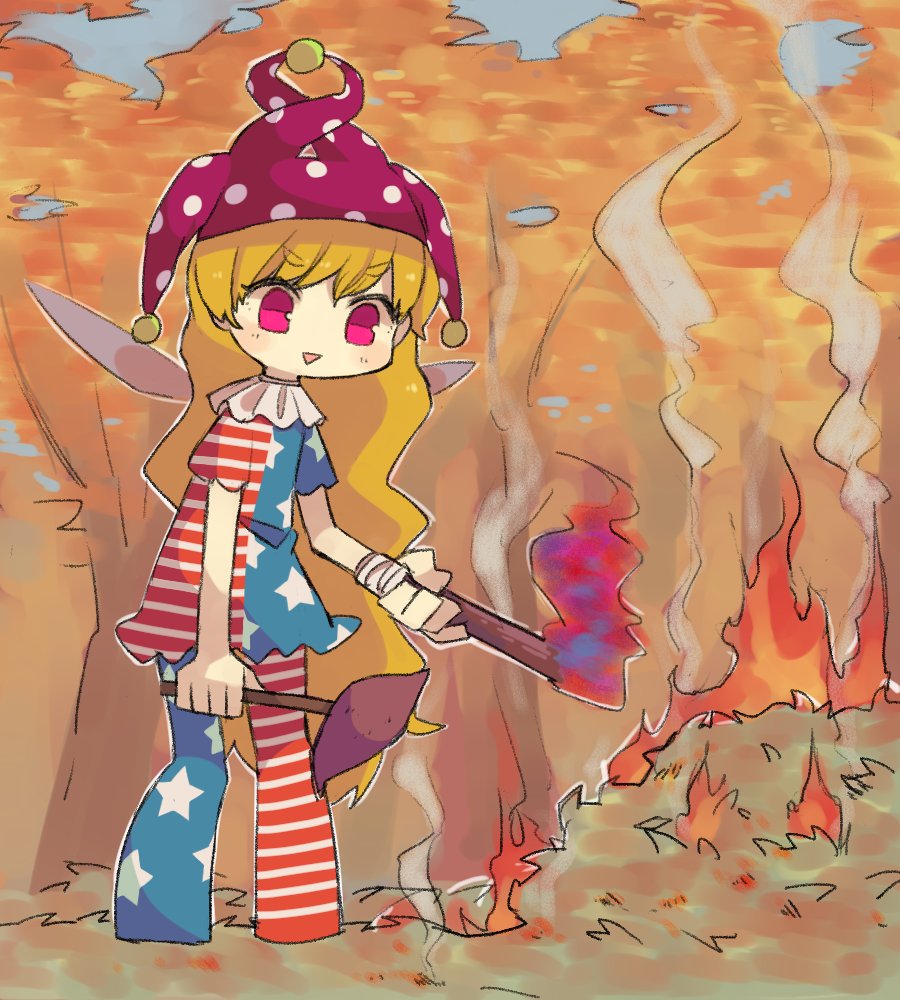1girl :d american_flag_dress american_flag_legwear autumn_leaves blonde_hair clownpiece commentary_request eyebrows_visible_through_hair fairy_wings fire forest hat holding jester_cap leaf long_hair nature open_mouth sasa_kichi short_sleeves smile solo standing torch touhou triangle_mouth very_long_hair violet_eyes wings