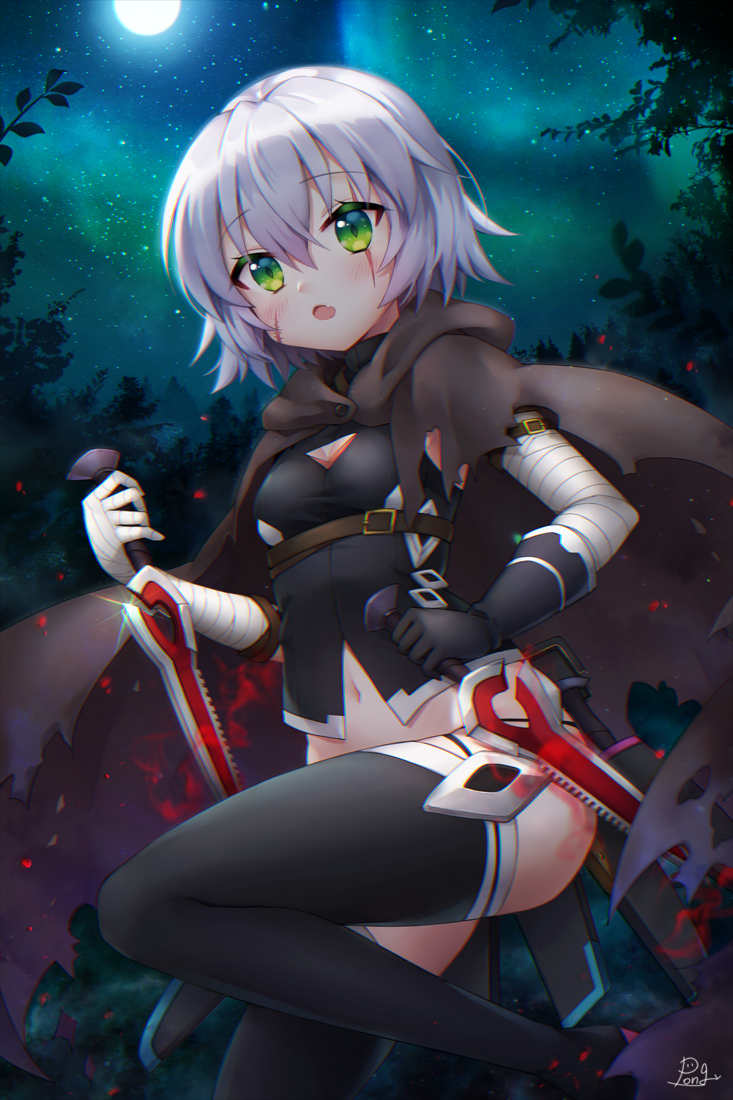 1girl :o arm_belt aurora bandage bandaged_arm bangs belt_buckle black_footwear black_gloves black_shirt blood blush boots breasts brown_belt brown_cloak buckle cleavage cleavage_cutout cloak commentary_request dagger dual_wielding eyebrows_visible_through_hair fang fate/apocrypha fate_(series) fingerless_gloves full_moon glint gloves green_eyes grey_hair hair_between_eyes holding holding_knife holding_weapon jack_the_ripper_(fate/apocrypha) knife looking_at_viewer moon moonlight navel night night_sky one_leg_raised open_mouth outdoors pong_(vndn124) reverse_grip scabbard scar scar_across_eye scar_on_cheek sheath sheathed shirt short_hair signature single_glove sky sleeveless sleeveless_shirt small_breasts solo standing standing_on_one_leg star_(sky) starry_sky taut_clothes taut_shirt thigh-highs thigh_boots torn_cloak torn_clothes tree turtleneck unsheathed weapon