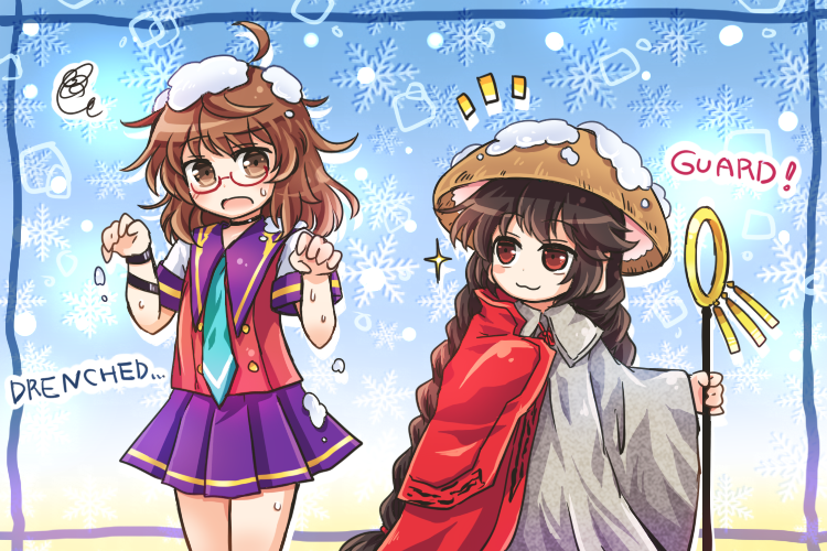 2girls :3 ahoge ajirogasa alternate_costume aqua_neckwear black_hair blue_background blush braid brown_eyes brown_hair cloak earlobes english eyebrows_visible_through_hair glasses hat height_difference khakkhara long_hair looking_at_another multiple_girls no_hat no_headwear open_mouth pleated_skirt pote_(ptkan) purple_skirt red-framed_eyewear red_cloak red_eyes red_vest robe short_sleeves skirt snow snow_on_body snow_on_head snowflake_background snowing squiggle staff strange_creators_of_outer_world sweatdrop touhou twin_braids usami_sumireko very_long_hair vest wet wide_sleeves yatadera_narumi