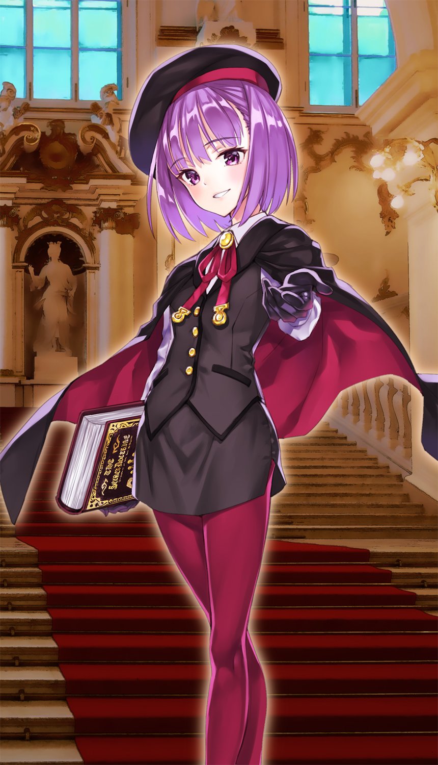 1girl belt beret black_gloves book breasts fate/grand_order fate_(series) flat_chest gloves hat helena_blavatsky_(fate/grand_order) highres looking_at_viewer matsuryuu pantyhose purple_hair short_hair small_breasts smile solo violet_eyes