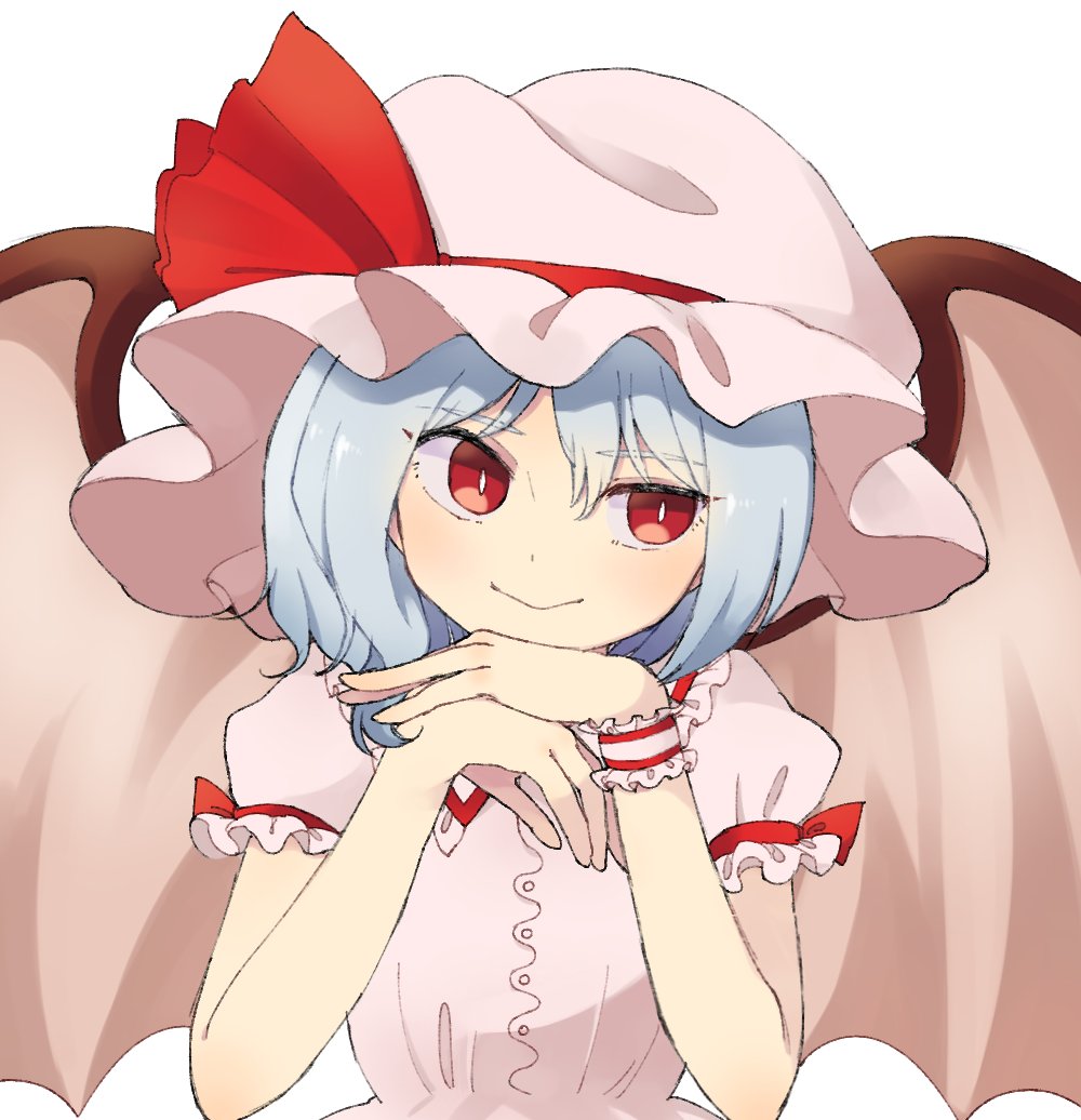 1girl arm_garter blue_hair blush bright_pupils closed_mouth dress eyebrows_visible_through_hair hat looking_to_the_side mob_cap own_hands_together pink_dress pink_hat puffy_short_sleeves puffy_sleeves red_eyes remilia_scarlet sasa_kichi short_sleeves simple_background slit_pupils smile solo spread_wings touhou upper_body white_background