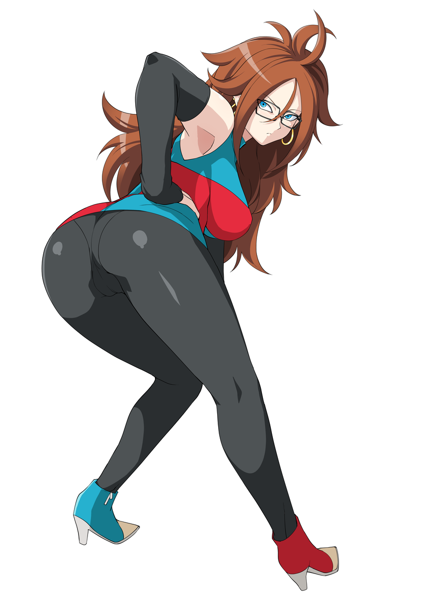 1girl android_21 armpits ass bare_shoulders black-framed_eyewear black_legwear blue_eyes breasts brown_hair checkered checkered_dress closed_mouth curly_hair detached_sleeves dragon_ball dragon_ball_fighterz dress earrings from_behind glasses haruhisky high_heels highres hoop_earrings jewelry labcoat large_breasts long_hair looking_at_viewer looking_back pantyhose shiny shiny_hair shiny_skin simple_background sleeveless sleeveless_dress solo standing white_background