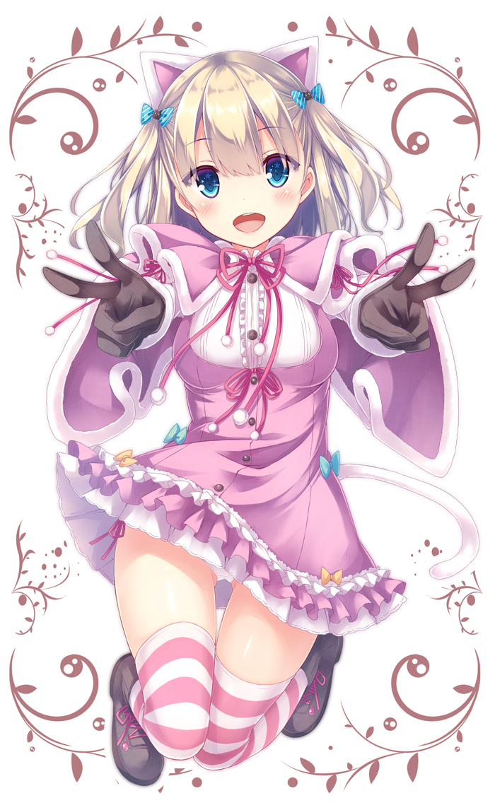 1girl animal_ears bent_knees black_footwear black_gloves blonde_hair blouse blue_eyes blush breasts buttons commentary_request double_v dress frilled_blouse full_body gloves gluteal_fold hair_ornament hairclip head_tilt knees_together_feet_apart long_hair long_sleeves looking_at_viewer open_mouth original panties pantyshot pinafore_dress pink_capelet pink_dress pleated_skirt ryo shiny shiny_skin side-tie_panties skirt striped striped_legwear tail thigh-highs thigh_gap thighs underwear v white_blouse white_panties zettai_ryouiki