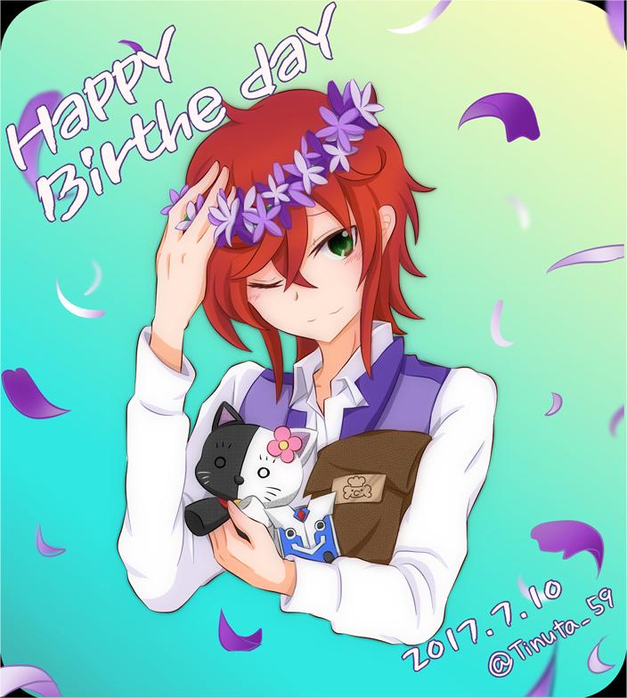 1boy aqua_background artist_name bag blush cardfight!!_vanguard cardfight!!_vanguard_g dated enishi_satoru flower green_eyes hair_flower hair_ornament happy_birthday one_eye_closed paper_bag petals redhead solo stuffed_animal stuffed_cat stuffed_toy tinuta_59