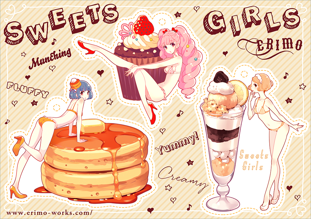 3girls arm_support bare_arms bare_legs bare_shoulders blue_hair bow bra brown_eyes butter cake commentary_request cupcake diagonal-striped_background diagonal_stripes dotted_line drill_hair english food hair_bow heart high_heels leg_up light_brown_hair long_hair multiple_girls musical_note nishimura_eri orange_bra orange_footwear orange_panties original outline pancake pancake_hair_ornament panties parfait pink_hair polka_dot polka_dot_bra quaver red_bow red_eyes red_footwear revision sitting stack_of_pancakes standing standing_on_one_leg star striped syrup twin_drills twintails underwear underwear_only vertical-striped_bra vertical-striped_panties vertical_stripes watermark web_address white_bra white_footwear white_panties