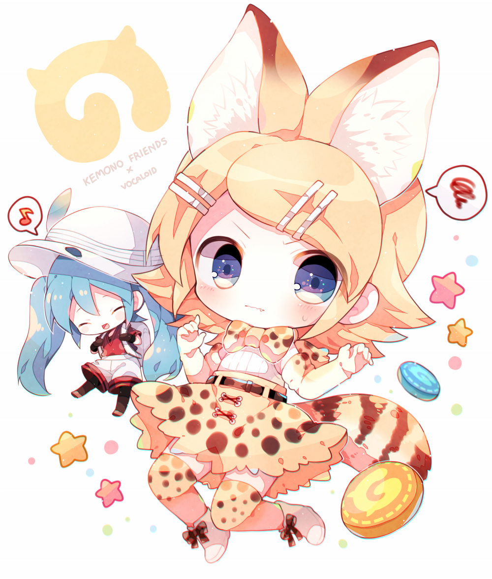 2girls animal_ears aqua_hair backpack bag blonde_hair blush bow bowtie commentary_request copyright_name cosplay elbow_gloves gloves hair_ornament hairclip haru431 hat hat_feather hatsune_miku helmet kaban_(kemono_friends) kaban_(kemono_friends)_(cosplay) kagamine_rin kemono_friends long_hair looking_at_viewer multiple_girls musical_note pith_helmet serval_(kemono_friends) serval_(kemono_friends)_(cosplay) serval_ears serval_print serval_tail shirt short_hair skirt sleeveless smile spoken_musical_note spoken_squiggle squiggle tail thigh-highs twintails vocaloid