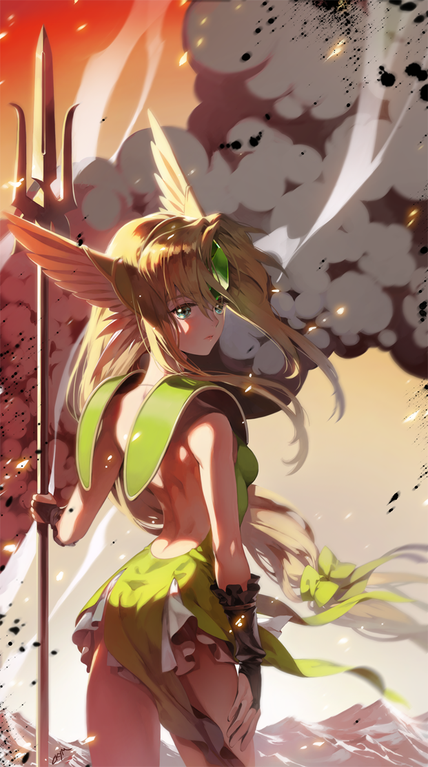 1girl armor backless_outfit bangs bare_shoulders blonde_hair blue_eyes breasts bridal_gauntlets chkuyomi dress eyebrows_visible_through_hair forehead_jewel gem green_dress helmet holding lips long_hair looking_away low-tied_long_hair medium_breasts outdoors polearm riesz seiken_densetsu seiken_densetsu_3 short_dress shoulder_armor smoke_trail solo spear trident very_long_hair weapon winged_helmet