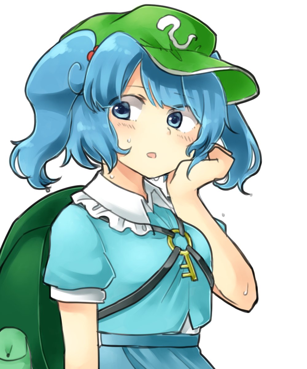 1girl backpack bag blue_eyes blue_hair blue_shirt blue_skirt blush commentary_request eyebrows_visible_through_hair green_hat hand_up hat highres kawashiro_nitori key parted_lips sasa_kichi shirt skirt solo sweatdrop touhou twintails upper_body wet wing_collar