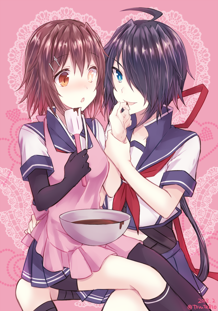 2girls :o ahoge apron asymmetrical_legwear bangs bike_shorts black_gloves black_legwear blue_eyes blue_skirt blush bowl bright_pupils brown_eyes chocolate elbow_gloves eyebrows_visible_through_hair food_on_finger furutaka_(kantai_collection) gloves hair_ornament hair_over_one_eye hair_ribbon hairclip heterochromia holding invisible_chair kabocha_torute kako_(kantai_collection) kantai_collection kneehighs licking long_hair miniskirt multiple_girls neckerchief nose_blush on_lap open_mouth pink_apron pink_background pleated_skirt red_neckwear red_ribbon ribbon school_uniform serafuku shiny shiny_hair shirt short_hair short_sleeves shorts_under_skirt single_elbow_glove single_glove single_kneehigh single_thighhigh sitting sitting_on_lap sitting_on_person skirt spatula tareme thigh-highs tongue tongue_out twitter_username very_long_hair white_shirt wrist_grab yellow_eyes yuri