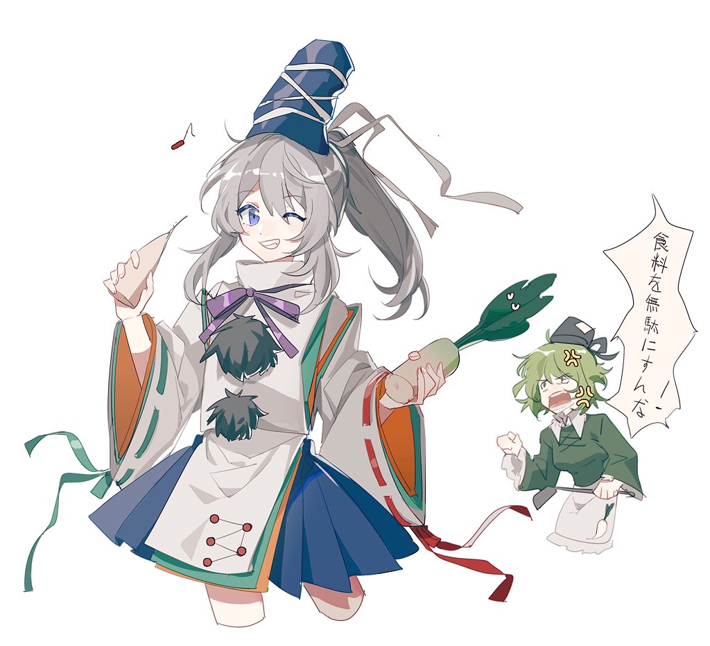 2girls aibivy anger_vein angry apron blue_eyes blue_skirt commentary_request cropped_legs daikon food green_hair green_ribbon grey_hair grin hat holding holding_food japanese_clothes kariginu long_hair long_sleeves miniskirt mononobe_no_futo multiple_girls musical_note one_eye_closed pleated_skirt pom_pom_(clothes) ponytail red_ribbon ribbon ribbon-trimmed_sleeves ribbon_trim simple_background skirt smile soga_no_tojiko tate_eboshi teeth touhou translation_request turtleneck waist_apron white_background wide_sleeves