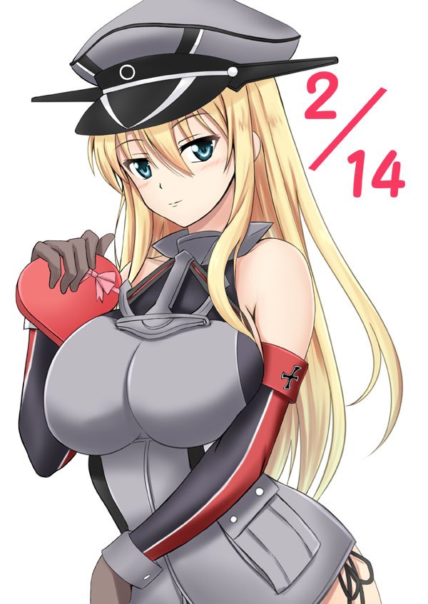 1girl anchor bismarck_(kantai_collection) blonde_hair blue_eyes box breastplate commentary_request detached_sleeves fuuma_nagi hat heart iron_cross kantai_collection long_hair looking_at_viewer military military_hat military_uniform peaked_cap simple_background solo uniform upper_body valentine white_background