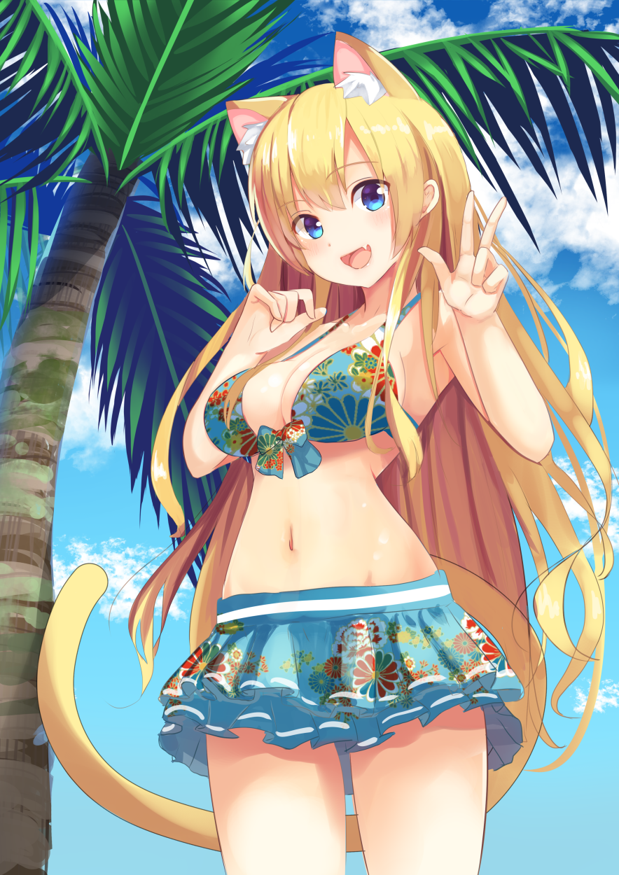 1girl :d animal_ears bangs bare_arms bare_shoulders bikini bikini_skirt blonde_hair blue_bikini blue_ribbon blue_sky breasts cat_ears cat_tail cleavage clouds cowboy_shot day eyebrows_visible_through_hair fang front-tie_bikini front-tie_top hands_up highres layered_skirt long_hair looking_at_viewer medium_breasts navel open_mouth original palm_tree print_bikini ribbon shiny shiny_hair shiny_skin sidelocks sky smile solo standing stomach straight_hair swimsuit tail tareme thighs tree v very_long_hair zabuton4949