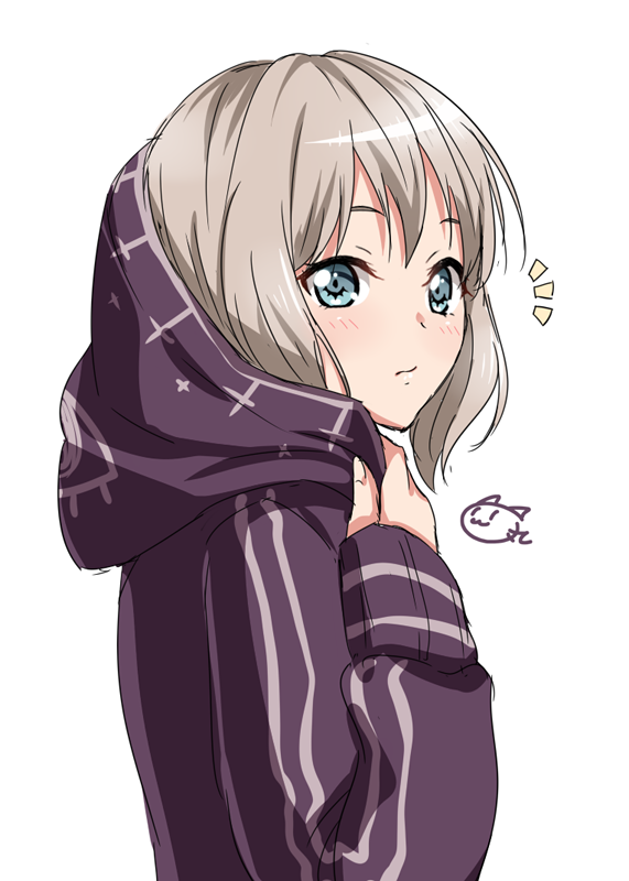 /\/\/\ 1girl aoba_moka bang_dream! bangs blonde_hair blue_eyes blush closed_mouth double_vertical_stripe from_side hood hood_up hoodie long_sleeves looking_to_the_side nyanmaru_(ememing) shiny shiny_hair short_hair sleeves_past_wrists smiley_face solo tareme upper_body wavy_mouth