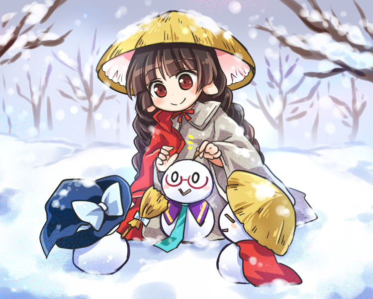 1girl ajirogasa bangs bare_tree black_hair black_hat blue_neckwear blunt_bangs bow braid broom cape cloak earlobes eyebrows_visible_through_hair hat long_hair pote_(ptkan) red_cape red_cloak red_eyes red_neckwear robe smile snow snowing snowman solo touhou tree twin_braids white_bow wide_sleeves winter witch_hat yatadera_narumi