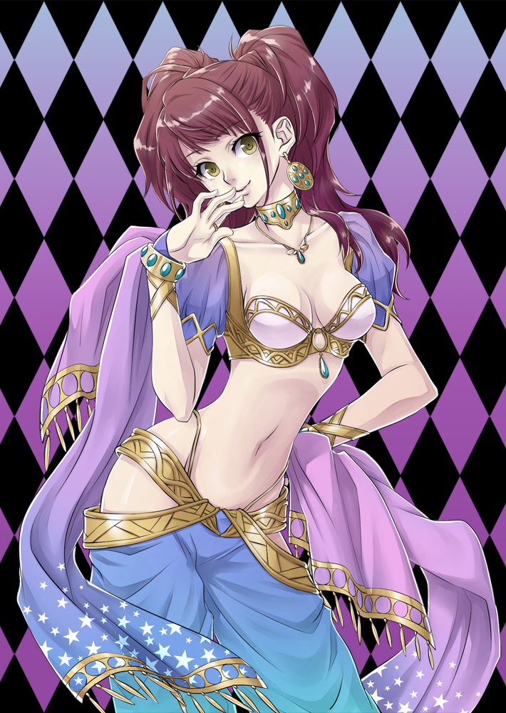 1girl alternate_costume arabian_clothes bra breasts brown_hair choker dancer earrings jewelry kujikawa_rise looking_at_viewer medium_breasts midriff navel necklace oto_nagi persona persona_4 persona_4:_dancing_all_night shawl smile solo twintails underwear yellow_eyes