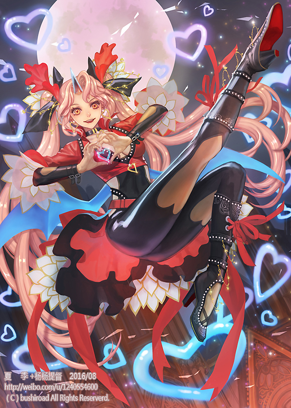 1girl bodysuit boots breasts cardfight!!_vanguard cleavage company_name covetous_succubus dated earrings fantasy heart high_heel_boots high_heels horn jewelry long_hair moon nightgown open_mouth orange_eyes pink_hair solo teeth twintails xiaji