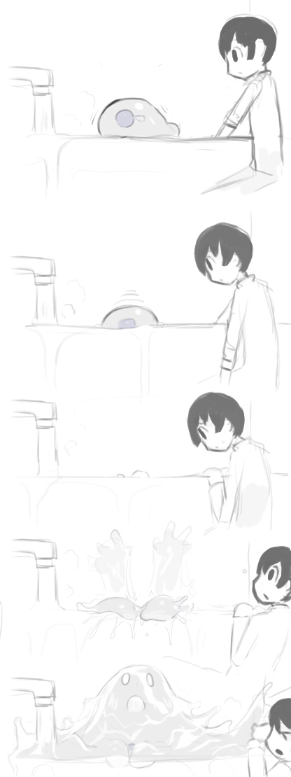 1boy :o bathtub black_hair faucet goo_girl idon monochrome monster_girl original overflowing sketch splashing