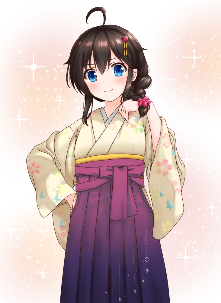 1girl ahoge alternate_costume bangs blue_eyes blush braid brown_hair closed_mouth eyebrows_visible_through_hair floral_print flower gradient gradient_clothes hair_flower hair_ornament hairpin hakama hand_on_hip hip_vent hoshino_kagari japanese_clothes kantai_collection kimono long_hair long_sleeves looking_at_viewer pink_flower print_kimono purple_hakama purple_ribbon remodel_(kantai_collection) ribbon shigure_(kantai_collection) shiny shiny_hair sidelocks single_braid smile solo sparkle_background standing wide_sleeves yellow_kimono