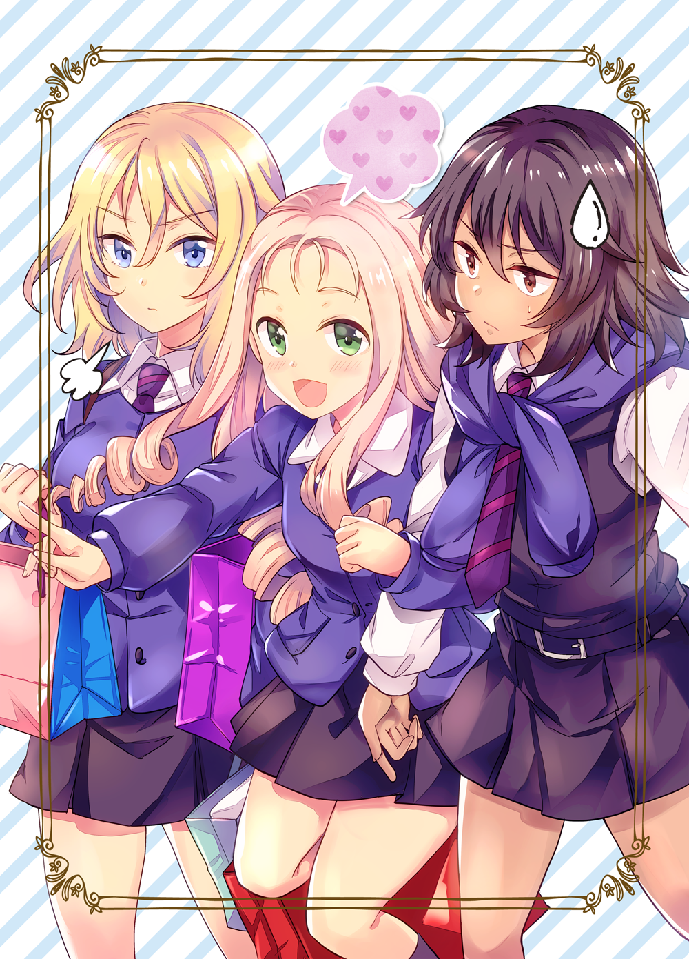 3girls :d :| =3 andou_(girls_und_panzer) arm_grab bag bc_freedom_school_uniform black_belt black_hair black_skirt blue_background blue_eyes blue_jacket brown_eyes carrying closed_mouth dark_skin diagonal-striped_background dress_shirt drill_hair eyebrows_visible_through_hair girls_und_panzer green_eyes heart highres jacket leg_up long_sleeves looking_at_another looking_at_viewer marie_(girls_und_panzer) miniskirt multiple_girls open_mouth oshida_(girls_und_panzer) pleated_skirt shirt shopping_bag side-by-side sigh skirt smile spoken_heart standing sweatdrop sweater_around_neck takitarou white_shirt wing_collar