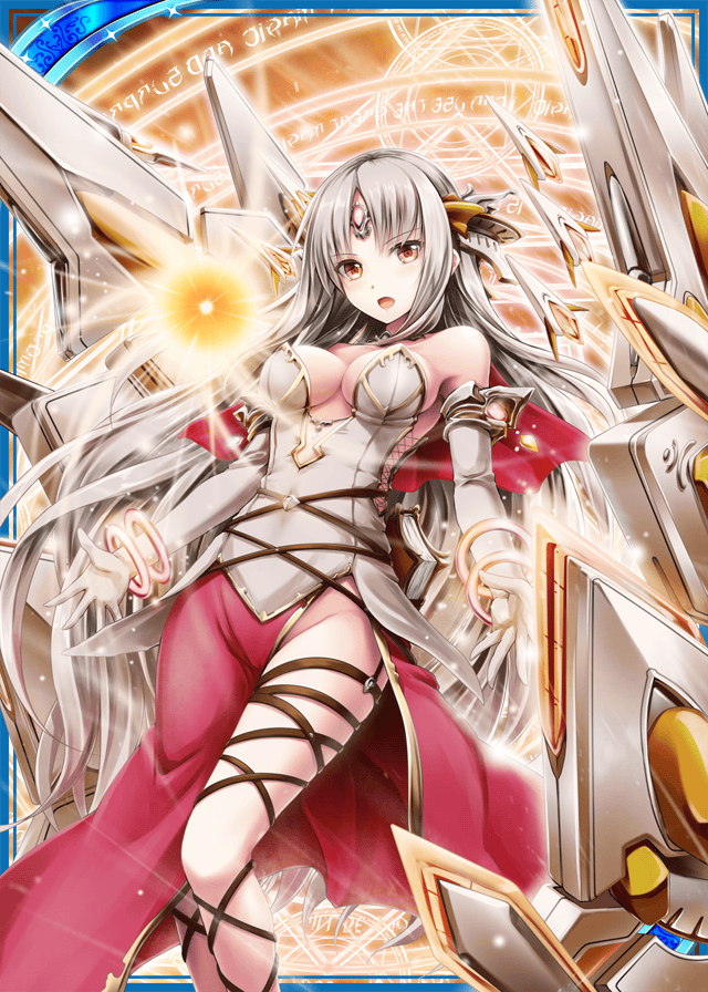 1girl akkijin card_(medium) dress gloves long_hair looking_at_viewer magic_circle mecha_musume official_art oracle_ascendant_(shinkai_no_valkyrie) orange_eyes orbit shinkai_no_valkyrie silver_hair solo white_dress white_gloves