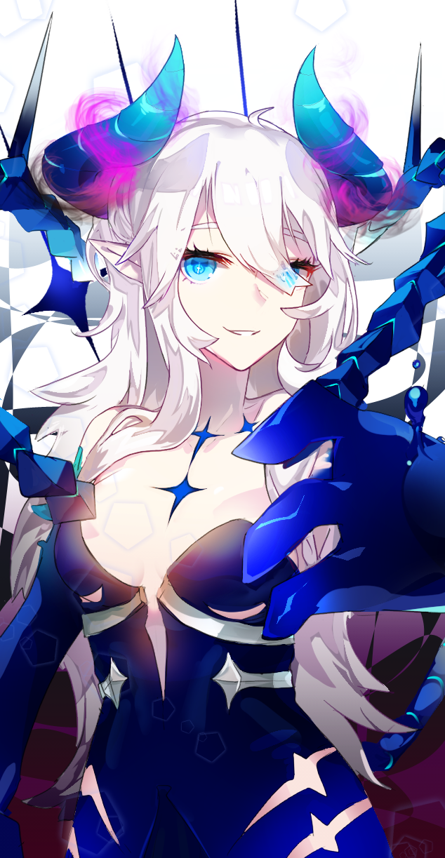 1girl allos blue_dress blue_eyes breasts cleavage diabla_(elsword) dress elsword highres horns long_hair luciela_r._sourcream medium_breasts parted_lips pointy_ears silver_hair smile solo standing strapless strapless_dress very_long_hair